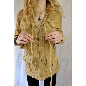 HANDMADE Corduroy V Neck Lace Tie Sweatshirt Top